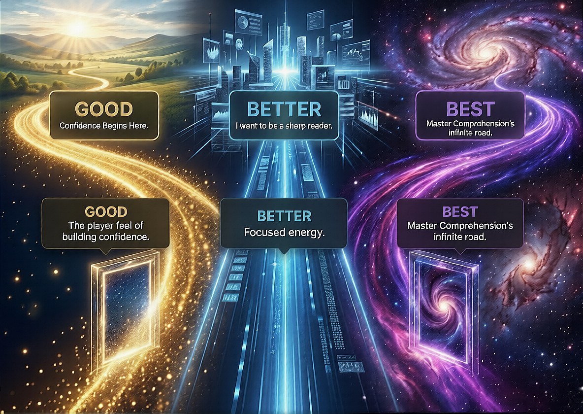 The Trifurcation Road: a golden country road named GOOD where confidence begins, a blue digital highway named BETTER of focused energy, and a purple cosmic road named BEST — Master Comprehension's infinite road